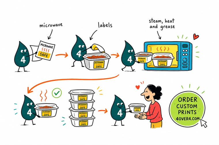 Wally, the 4OVER4 mascot with a 4, watching a labeled food container spin in a microwave while steam collects along the label edge