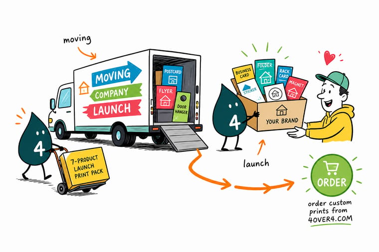 Wally, the 4OVER4 mascot holding a 4, arranging a moving-company yard sign, truck magnet, business card, and postcard as one matching set
