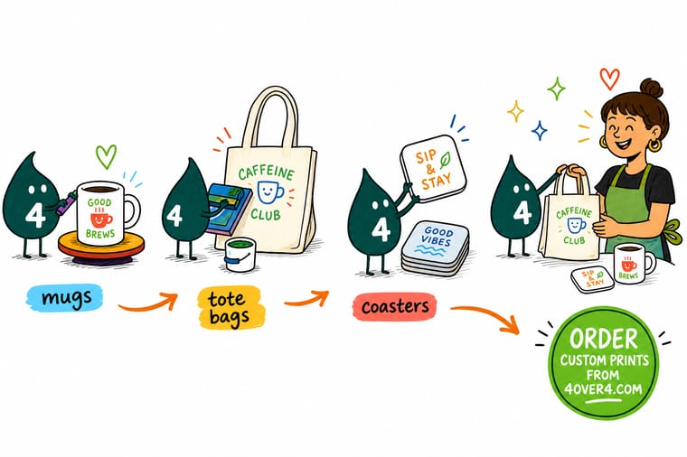 Wally, the 4OVER4 mascot with a 4, holding a printed coaster, a tote bag and a mug and weighing up which cafe merch to print first