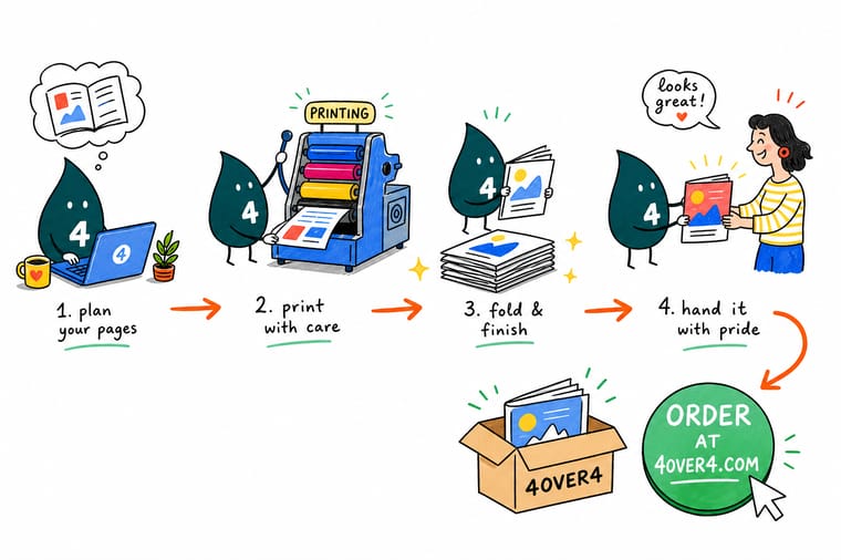 Wally, the 4OVER4 mascot with a 4, folding a stack of pages into a bound booklet