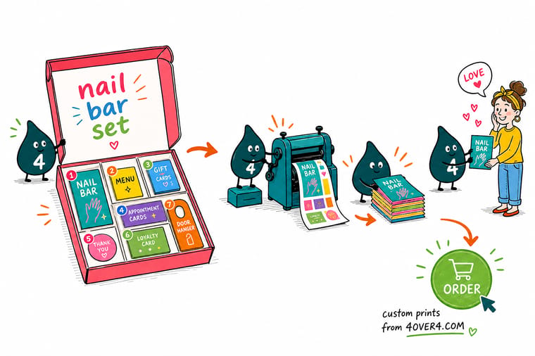 Wally, the 4OVER4 mascot holding a 4, arranging nail tech cards, a gift certificate, an appointment card, and a nail art poster as one polished matching set
