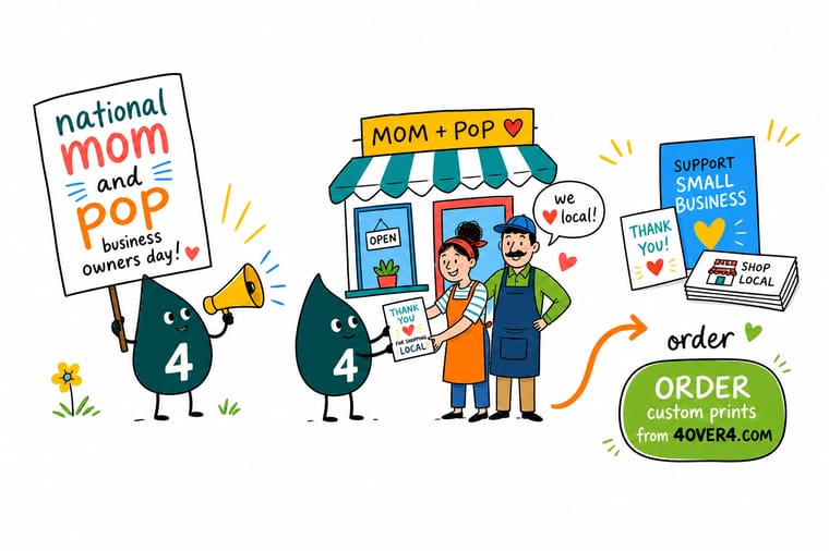 Wally from 4OVER4 helping a mom and pop shop plan a Small Business Owners Day campaign with cards, stickers, and banners