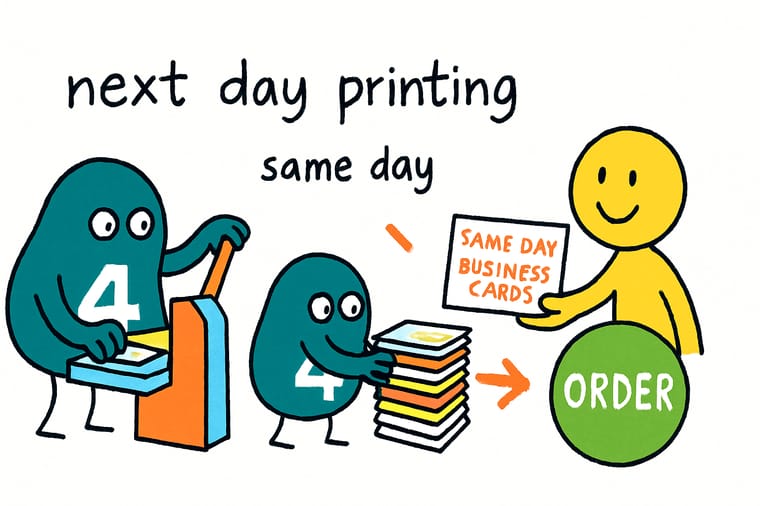 Wally, the 4OVER4 mascot holding a 4, racing a print order past a cutoff clock onto a fast shipping truck