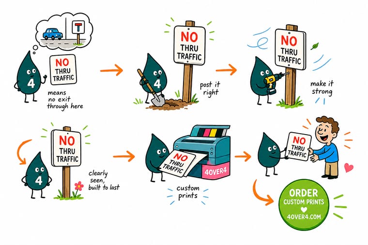 Wally, the 4OVER4 mascot with a 4, standing at a street entrance holding a NO THRU TRAFFIC sign while a car slows down and turns around