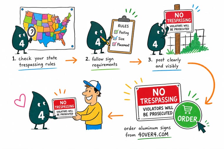 Wally, the 4OVER4 mascot holding a 4, placing no-trespassing signs at a gate, a corner, and along a fence line so the boundary is fully posted, with an arrow to an order button