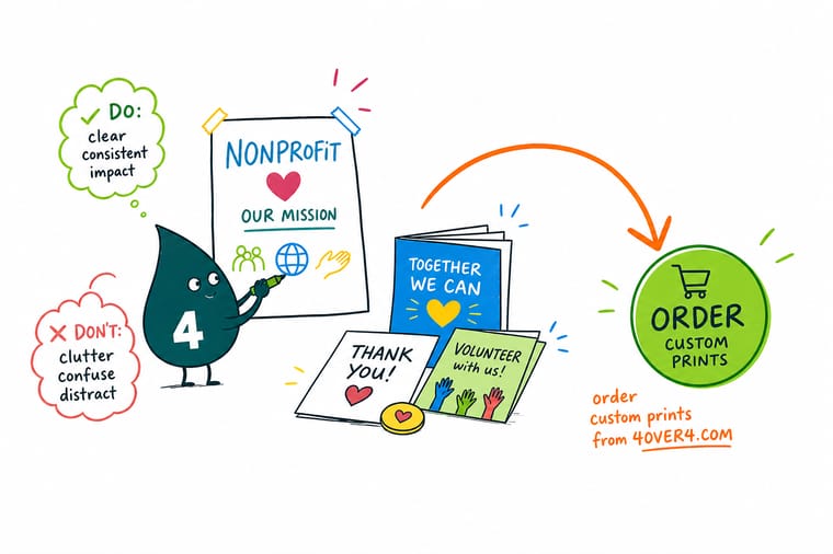 Wally from 4OVER4 keeping a nonprofit brand consistent across a brochure, postcard, and event banner to build donor trust