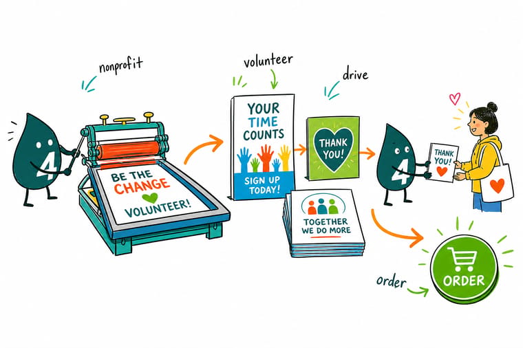 Wally, the 4OVER4 mascot, holding a nonprofit brochure and a volunteer postcard beside a shaped thank you piece on a sign up table