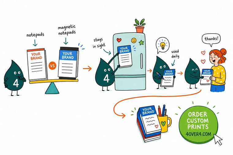 Wally, the 4OVER4 mascot with a 4, holding a plain notepad in one hand and sticking a branded magnetic notepad on a fridge door with the other