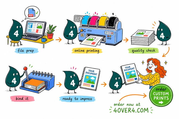 Wally, the 4OVER4 mascot with a 4, exporting a document to PDF and counting pages into folded sheets before choosing a binding