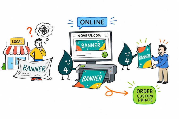 Wally from 4OVER4 holding a rolled banner in one hand and a calendar in the other, weighing a local pickup against an online order