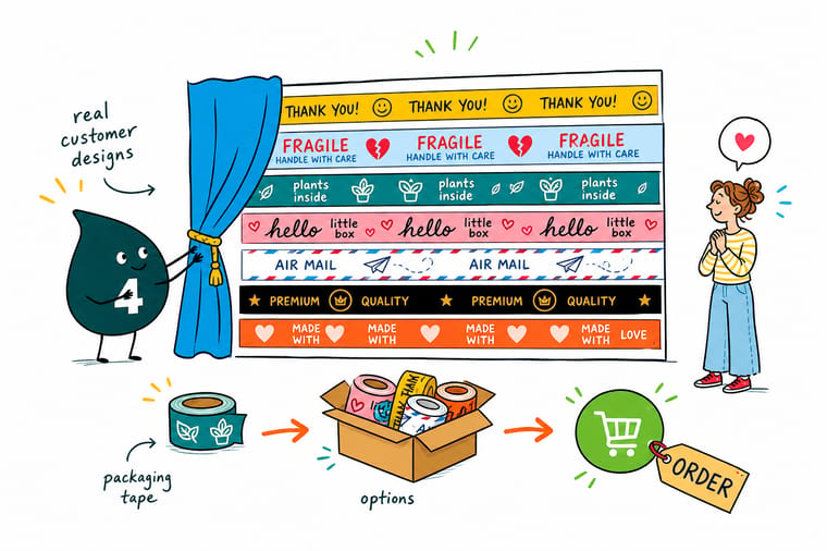 Wally the 4OVER4 mascot sealing a branded shipping box with custom printed packaging tape