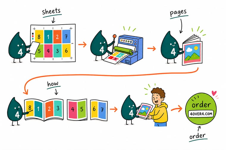 Wally, the 4OVER4 mascot with a 4, folding one press sheet in half and showing that it holds four numbered pages