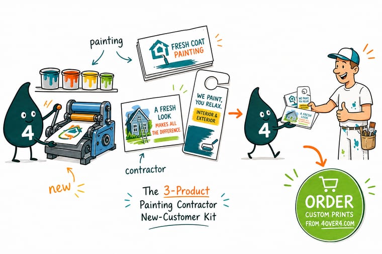 Wally, the 4OVER4 mascot, holding a contractor business card, a New Year greeting card and an invitation as one matching painting contractor print set