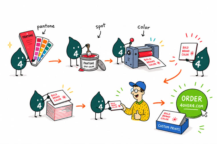 Wally, the 4OVER4 mascot with a 4, holding a Pantone fan deck against a printed business card while four CMYK dot screens drift behind him