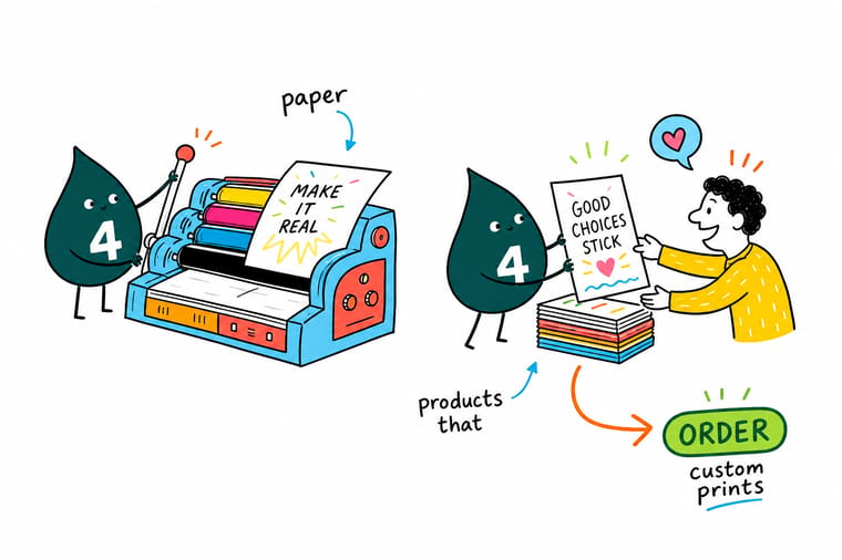 Wally from 4OVER4 holding a printed notepad and a business card beside a switched off screen