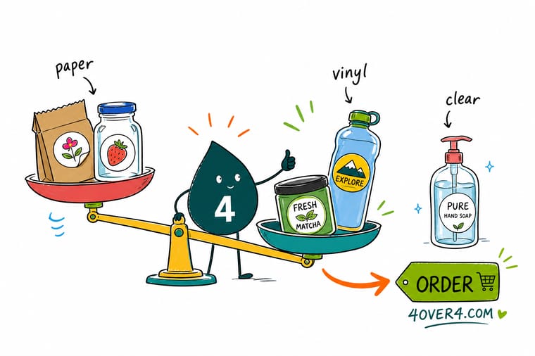 Wally, the 4OVER4 mascot holding a 4, weighing a paper label, a waterproof vinyl label, and a see-through clear label to show which material fits which job