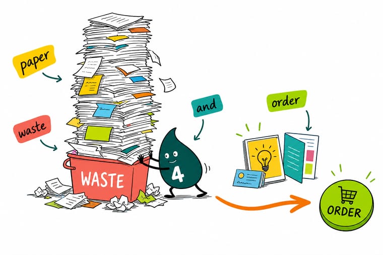 Wally the 4OVER4 mascot printing exactly what is needed on recycled paper, with nothing headed to the bin