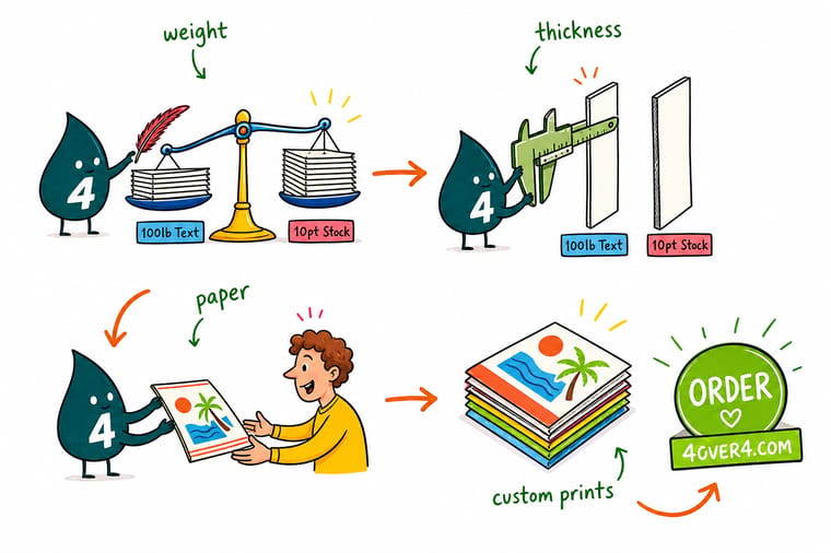 Wally, the 4OVER4 mascot with a 4, weighing a tall stack of 500 parent sheets on a scale while measuring a single sheet with a micrometer