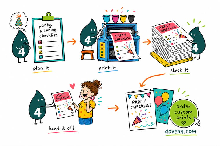 Wally, the 4OVER4 mascot holding a 4, checking off a party planning checklist beside printed invitations, a banner, and favor tags