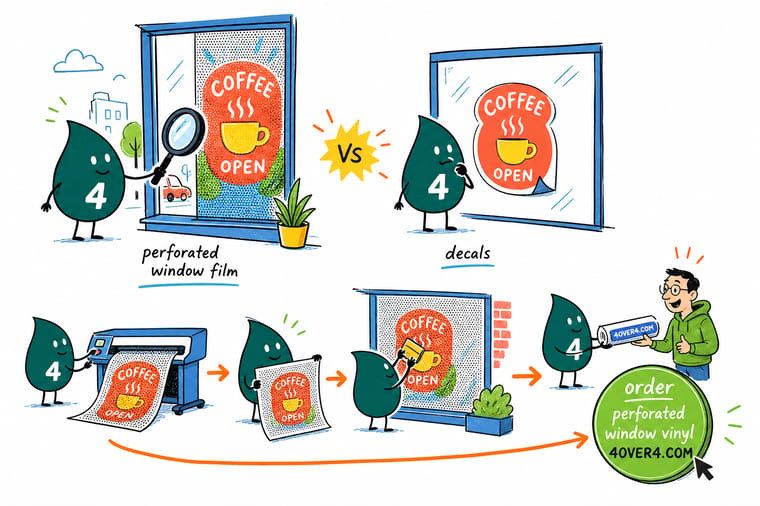 Wally, the 4OVER4 mascot holding a 4, applying perforated film to one window and a crisp decal to a glass door