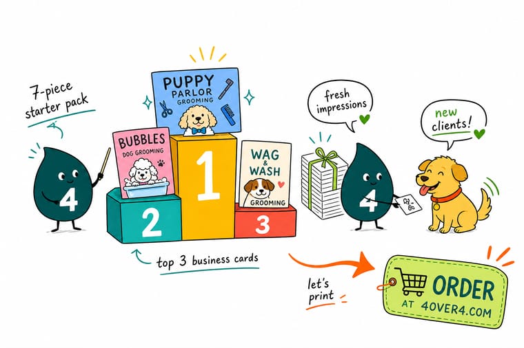 Wally, the 4OVER4 mascot holding a 4, arranging a yard sign, die-cut sticker, business card, and appointment card for a pet grooming shop as one matching set