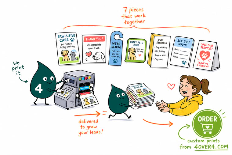 Wally, the 4OVER4 mascot holding a 4, laying out a pet service flyer, fridge magnet, gift certificate, and sticker as one matching lead-gen bundle