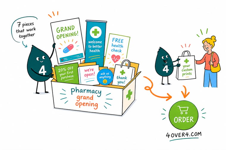 Wally, the 4OVER4 mascot holding a 4, unfurling a now-open banner above a pharmacy counter stocked with brochures, cards, and a transfer-offer postcard