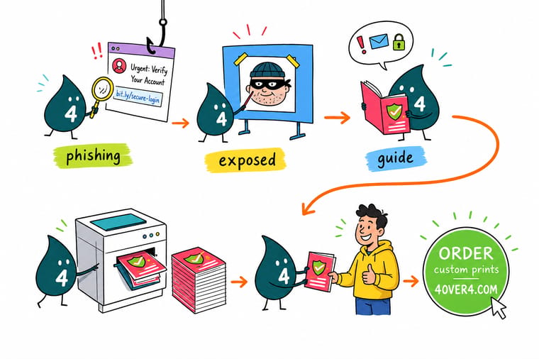 Wally, the 4OVER4 mascot with a 4, holding a fishing hook baited with a fake login page while he checks the real web address on a printed desk card