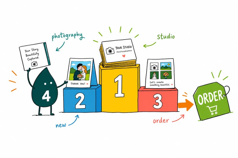 Wally, the 4OVER4 mascot holding a 4, arranging a photography business card, portfolio booklet, brochure, and thank-you card as one matching studio set
