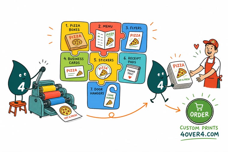 Wally, the 4OVER4 mascot holding a 4, arranging a pizza-shop menu, table tent, door hanger, and box sticker as one matching set