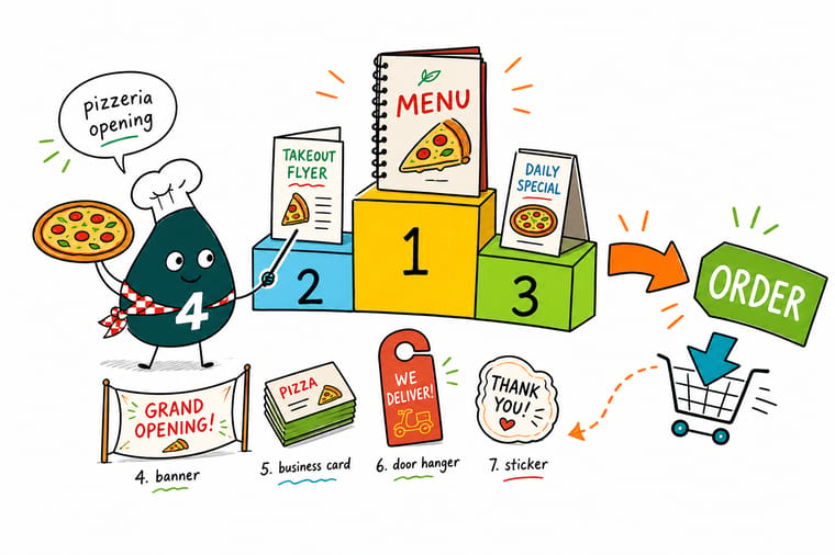 Wally, the 4OVER4 mascot holding a 4, laying out a pizzeria menu, banner, flyer, and box sticker as one matching set