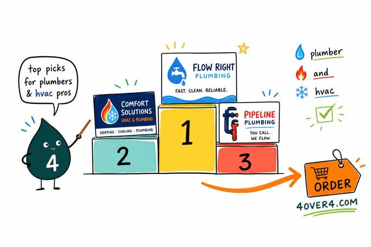 Wally, the 4OVER4 mascot holding a 4, lining up a plumbing business card, a yard sign, a truck magnet, and a branded invoice as one matching set for a home-service business