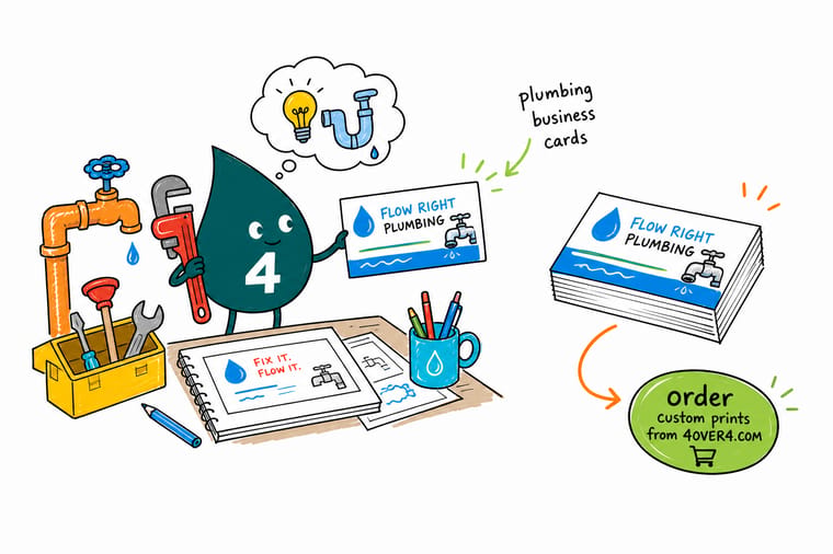 Wally from 4OVER4 turning a plumber's logo into a thick business card that lands on a customer's fridge