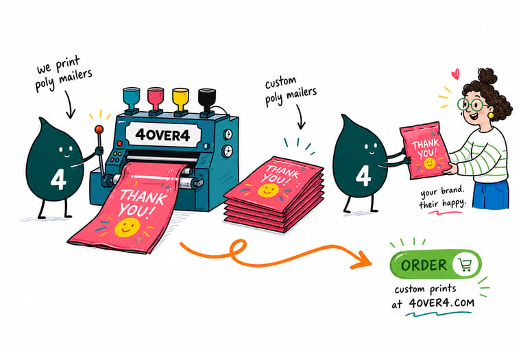 Wally from 4OVER4 sealing a poly mailer with printed packaging tape and adding a die-cut brand label beside the shipping label