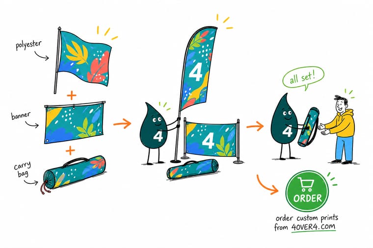 Wally, the 4OVER4 mascot, holding a folded polyester fabric banner beside a retractable stand and a printed wall panel