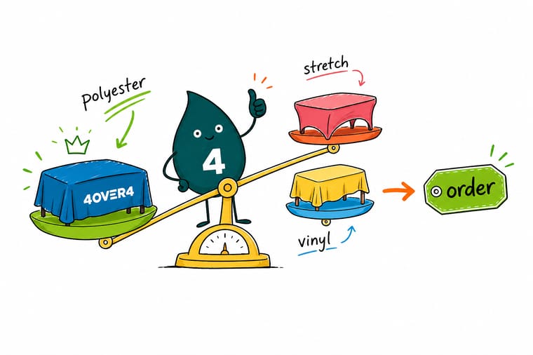 Wally, the 4OVER4 mascot holding a 4, standing behind a polyester-draped table, a stretch-fitted table, and a vinyl-topped table, giving a thumbs up to all three to show 4OVER4 prints every material