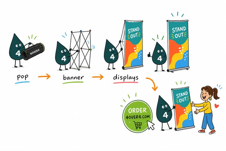 Wally, the 4OVER4 mascot holding a 4, expanding a pop-up display wall beside a slim retractable banner and a light X-frame