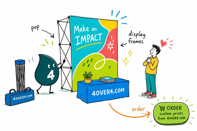 Wally from 4OVER4 snapping a pop-up display frame open and sliding a printed fabric skin over it
