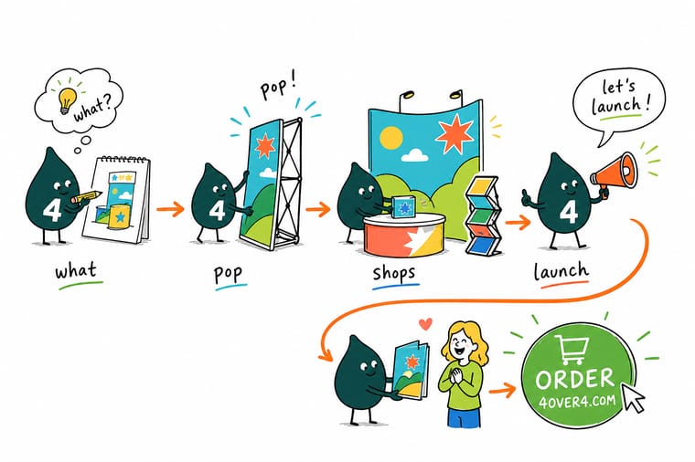 Wally, the 4OVER4 mascot with a 4, arranging a pop up retail display with a retractable banner and table
