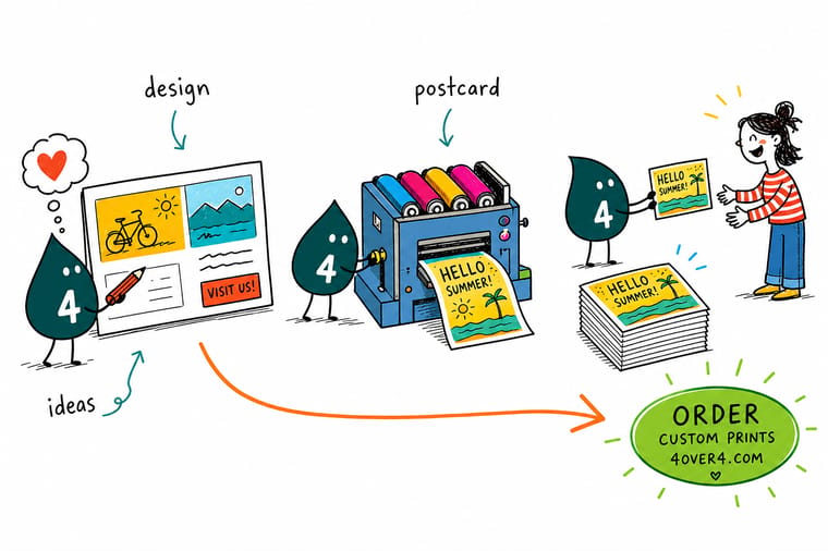 Wally from 4OVER4 laying out a postcard front and back, keeping the barcode clear zone empty on the address side