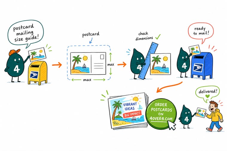 Wally, the 4OVER4 mascot with a 4, measuring a postcard against a USPS size guide before it drops in the mailbox