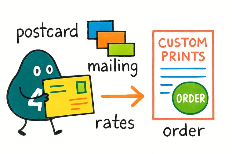 Wally, the 4OVER4 mascot with a 4, holding a ruler against a 4 by 6 postcard while a larger card sits outside the marked postcard rate box