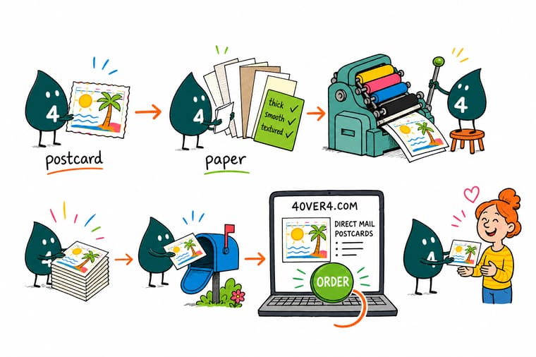 Wally, the 4OVER4 mascot holding a 4, measuring a postcard's cardstock thickness against a USPS ruler