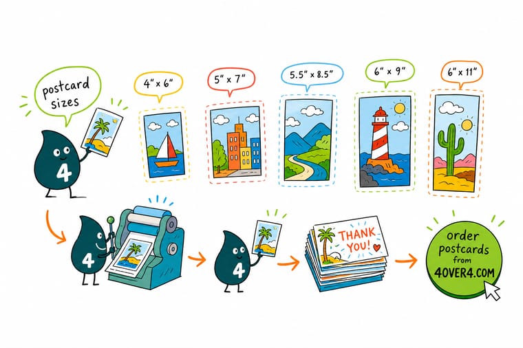 Wally, the 4OVER4 mascot holding a 4, lining up postcards from 3x5 to 6x9 against a USPS rate chart