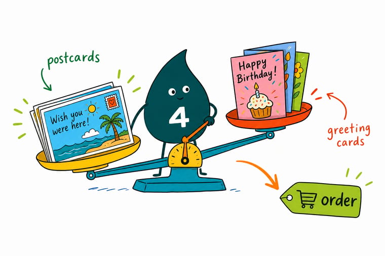 Wally, the 4OVER4 mascot holding a 4, weighing a flat postcard in one hand and an open folded greeting card in the other to show the choice