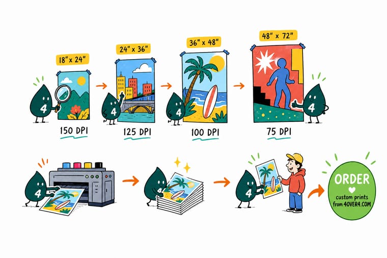 Wally, the 4OVER4 mascot with a 4, holding a tape measure across a big poster while counting the pixels that fit in each inch