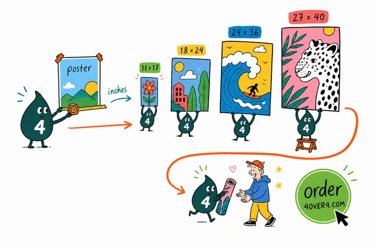Wally, the 4OVER4 mascot with a 4, holding a ruler against three poster sizes to show which dimension fits which space