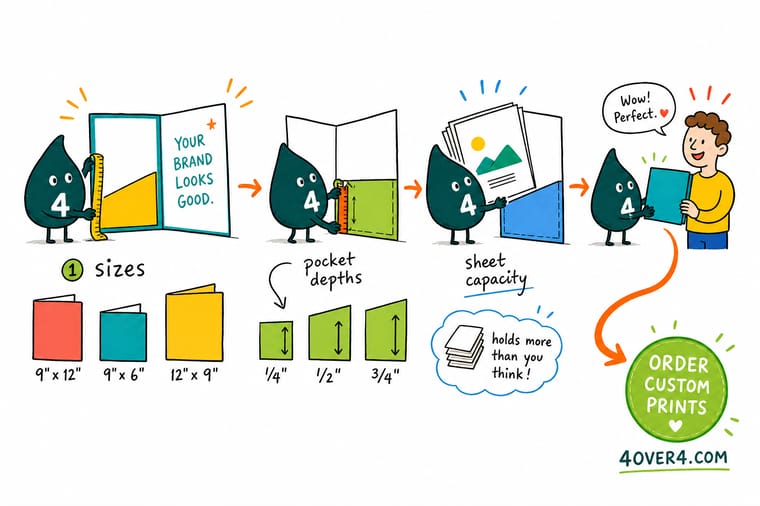 Wally, the 4OVER4 mascot with a 4, holding a 9 by 12 folder open with a ruler against the 4 inch pocket and a letter sheet sliding in