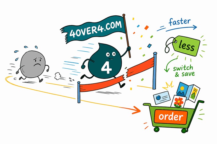 Wally the 4OVER4 mascot weighs a thin Primoprint card against a thick premium 4OVER4.COM business card