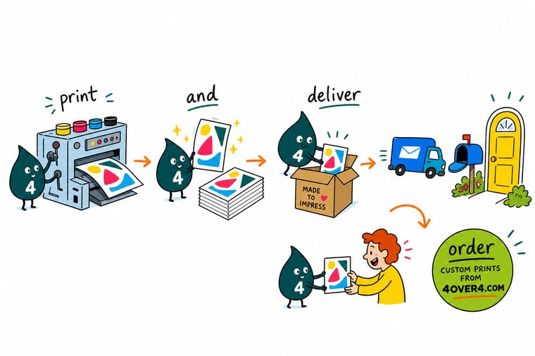 Wally, the 4OVER4 mascot with a 4, at a fork in the plant, handing boxes to a courier on one side and dropping addressed postcards into a USPS mail bin on the other
